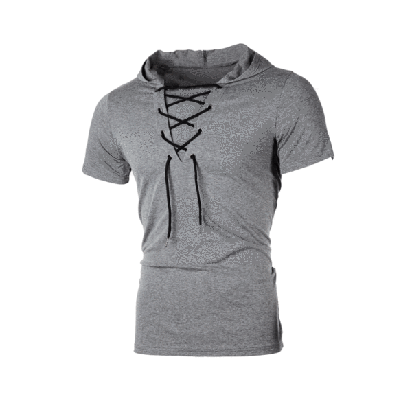 Four Seasons New Men's Hooded European Code Looke Shoelaces Hip -Hop Casual Short -Sleeved T -Shirt