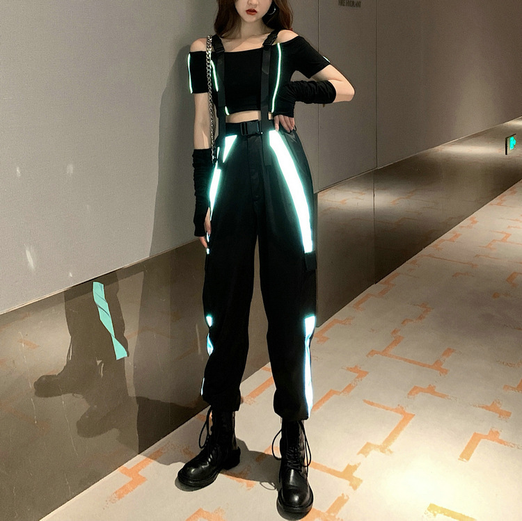 2023秋季新款拼色反光轻薄工装裤女宽松百搭显瘦休闲束脚长裤女潮