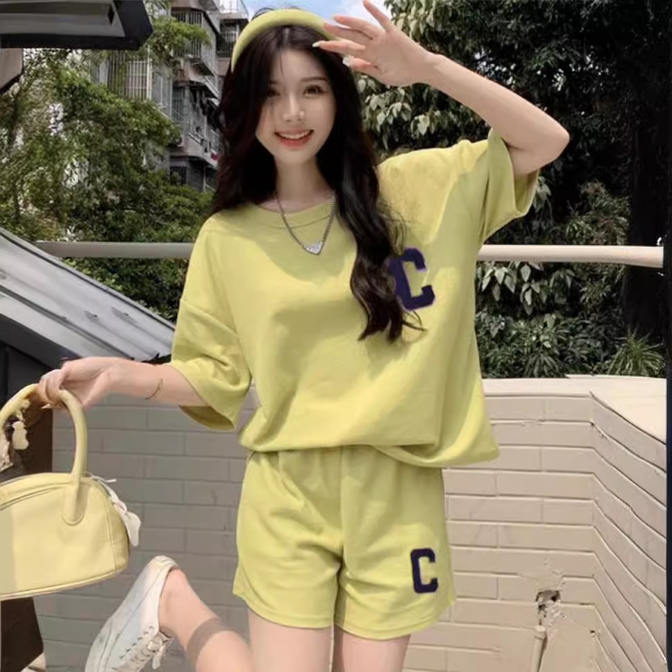 2023 Summer New C Letter Set Women's Casual Sporty Fashion Short Sleeve Shorts Two-Piece Southeast Asia Wholesale