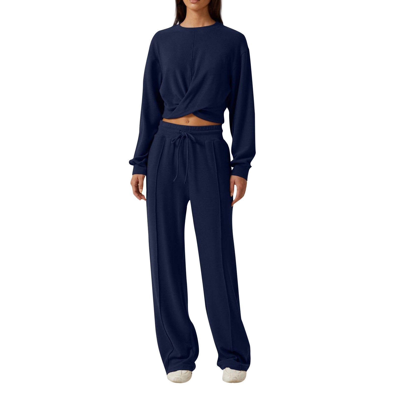European and American style women's round neck long sleeve top with elastic waist and drawstring design, solid color wide-leg pants set