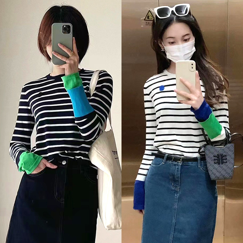 2023春秋新款女冷淡系打底衫醋酸棉拼色袖子经典休闲条纹长袖T恤