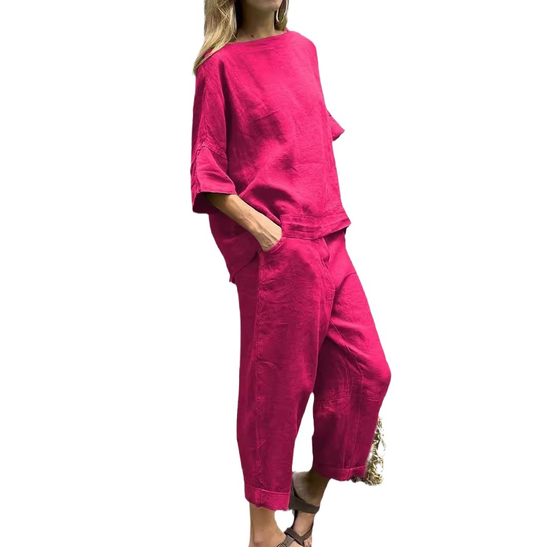 Amazon cross-border spring and autumn plus size loose linen cotton shirt high waist long pants fashion sportswear set foreign trade wholesale