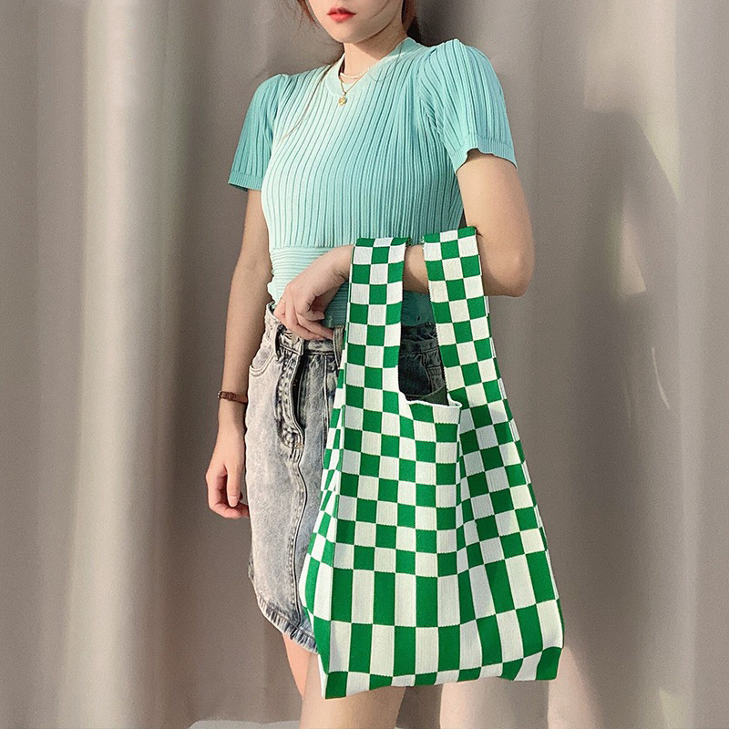 2023女包新款棋盘格撞色针织单肩手拿包单肩腋下包包编织手提袋