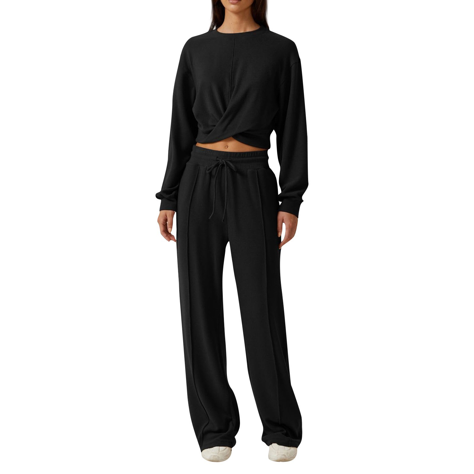 European and American style women's round neck long sleeve top with elastic waist and drawstring design, solid color wide-leg pants set
