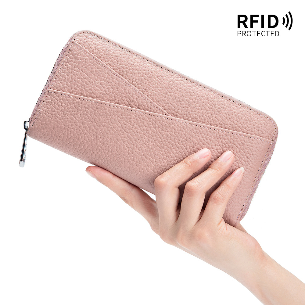 Genuine leather long wallet for women, large capacity, RFID first-layer cowhide accordion card holder, stylish clutch and phone bag