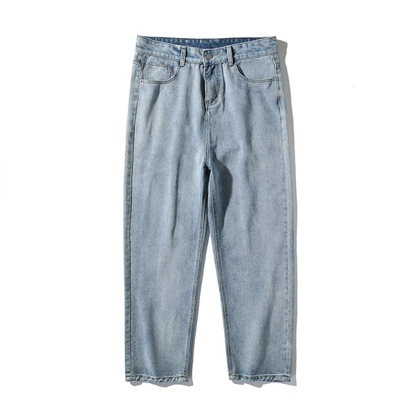 Hanlu Japanese Men's Clothing 2023 가을 새로운 단순한 단단한 단색 청바지 남성 물 세척 느슨한 스트레이트 바지