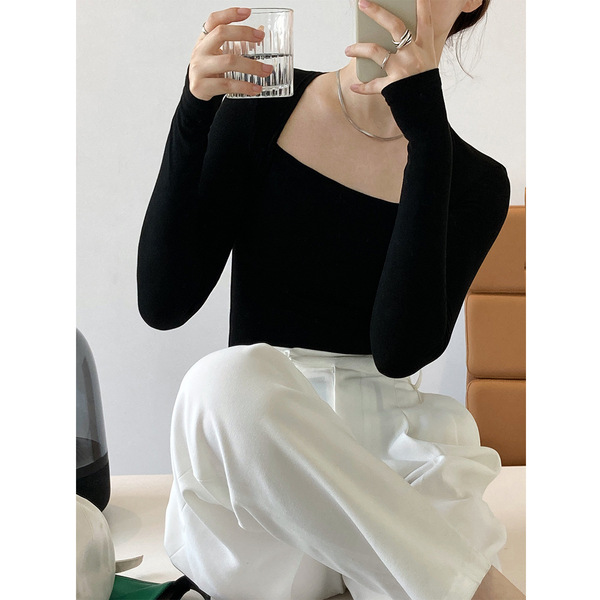 鹿西法式纯欲长袖方领t恤女修身显瘦假两件上衣秋季薄款打底衫283