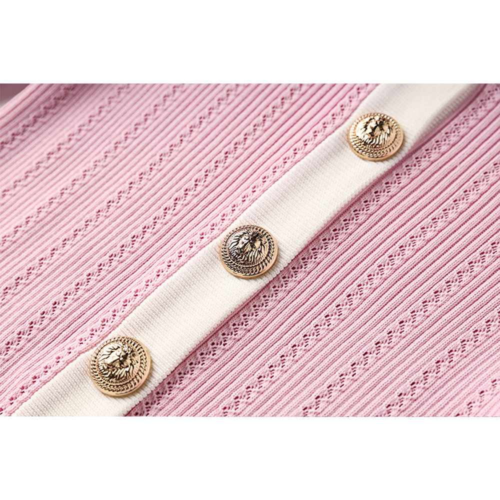 ~In Stock~ Pink and White Contrast Long Sleeve Stud Button Blouse with Waist-Cinching Pencil Skirt, Elegant Socialite Two-Piece Set