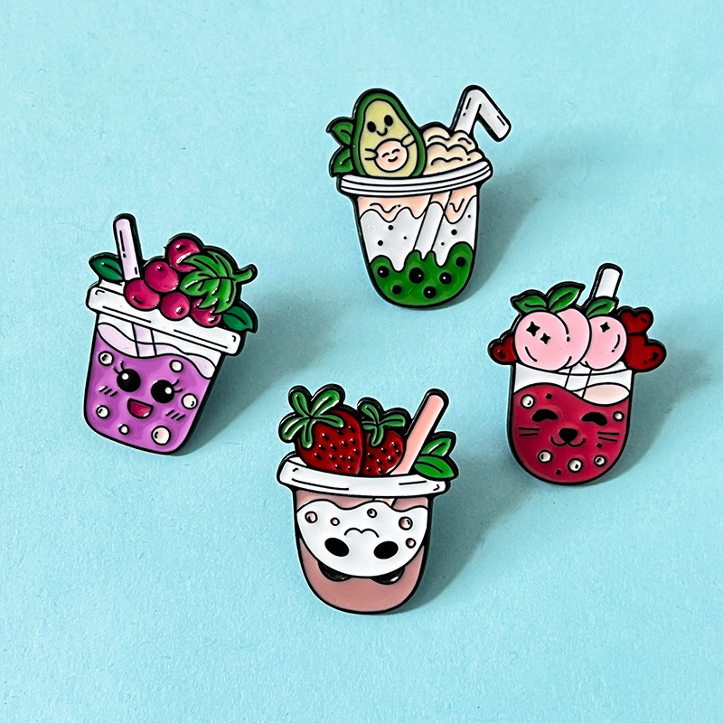 Fruit Cartoon Metal Pin Cute Japanese Style Milk Tea Cup Badge Creative Strawberry Couple Medal Pin
