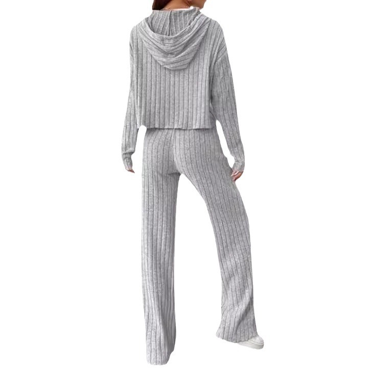2025 New Foreign Trade Style Hooded Loose Knitted Striped Set Long Sleeve Casual European and American Women's Wholesale Clothing
