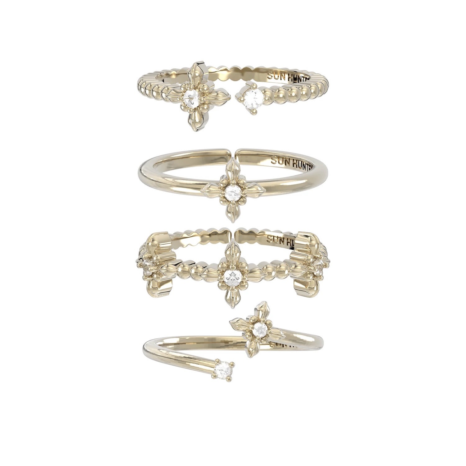 Triple Horizontal Best-selling 'Iris Key' Titanium Gold Four-flower Ring Set French Vintage Hand Ornament Design
