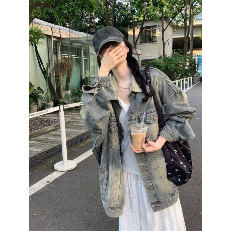 American vintage washed and distressed denim jacket, women's loose and oversized mid-long style for spring and autumn