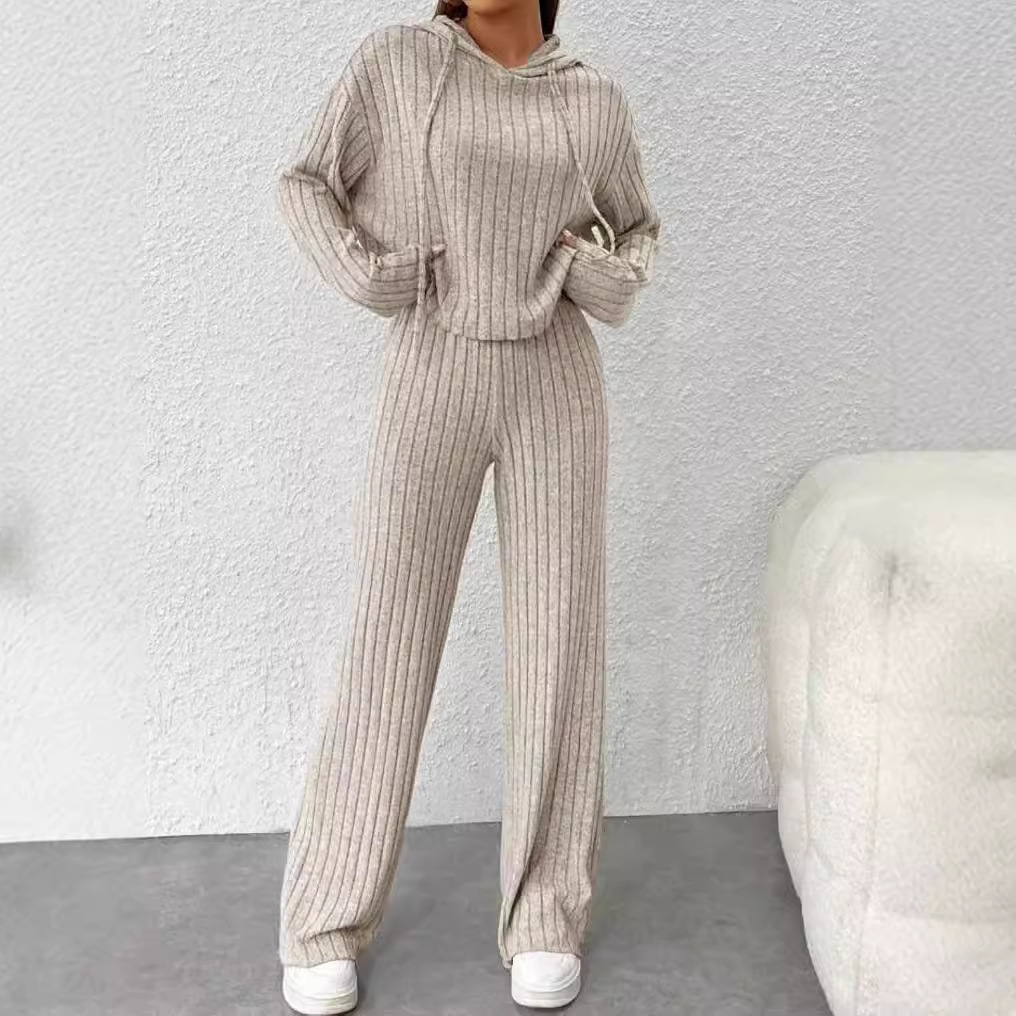 2025 New Foreign Trade Style Hooded Loose Knitted Striped Set Long Sleeve Casual European and American Women's Wholesale Clothing