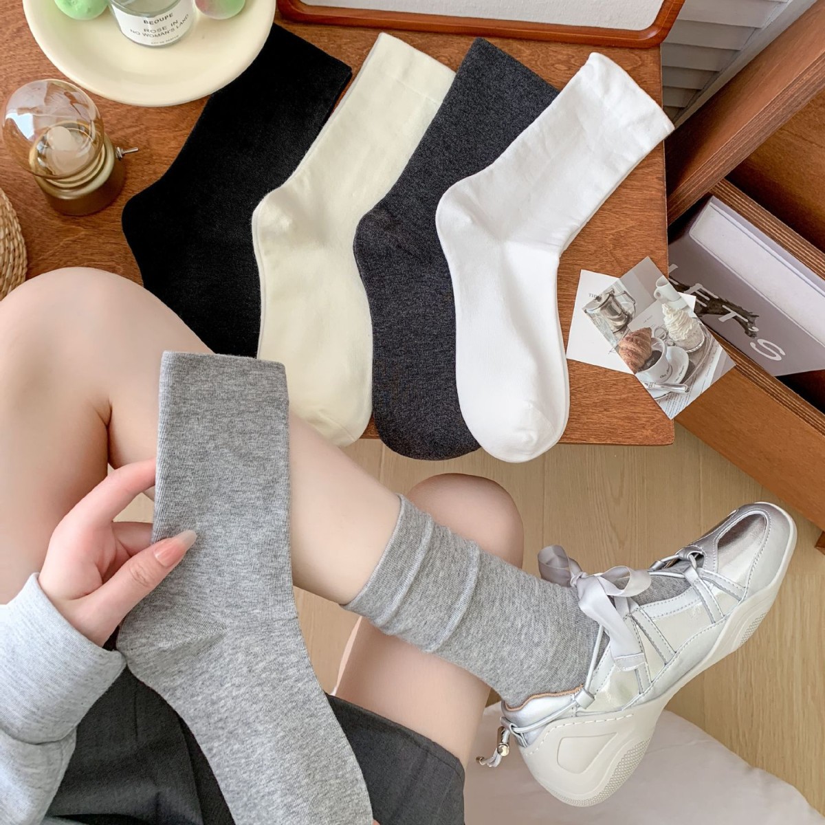white layered socks for women, mid-calf, 100% cotton, trendy ins style, maternity socks, full cotton loose top, Japanese style seamless over-the-knee socks
