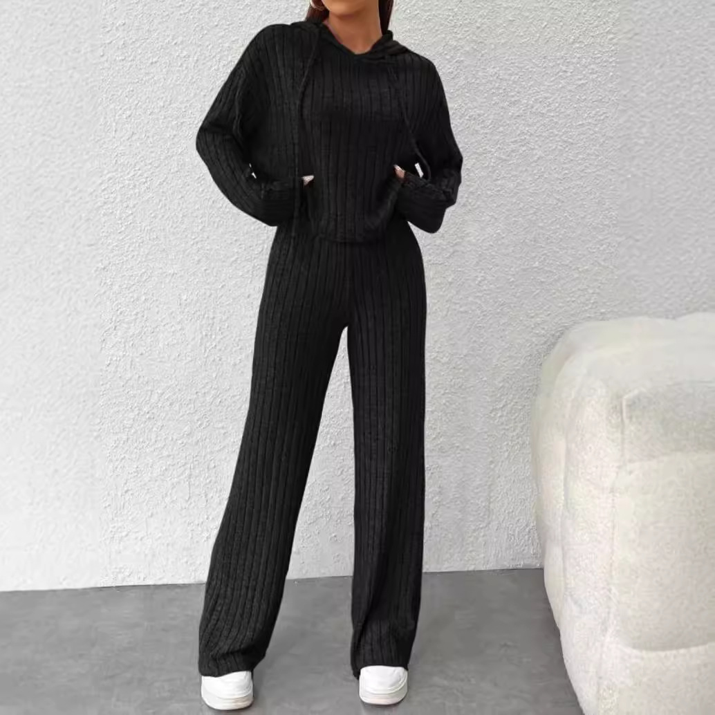 2025 New Foreign Trade Style Hooded Loose Knitted Striped Set Long Sleeve Casual European and American Women's Wholesale Clothing
