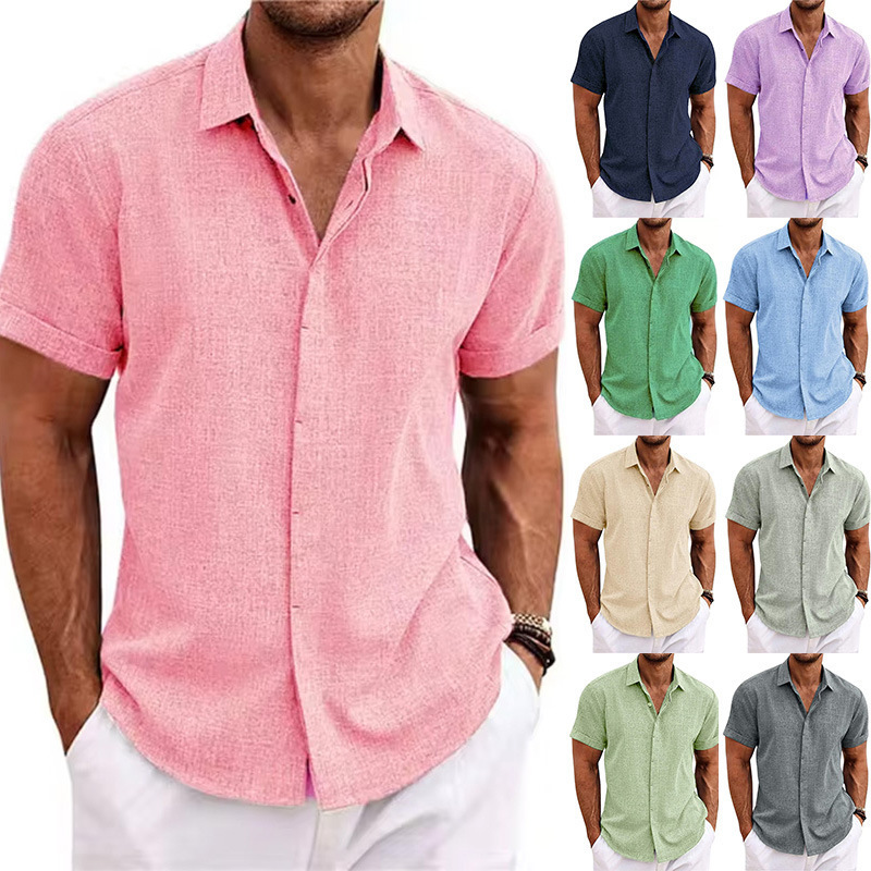 W2032 Men's solid color linen short-sleeved shirt