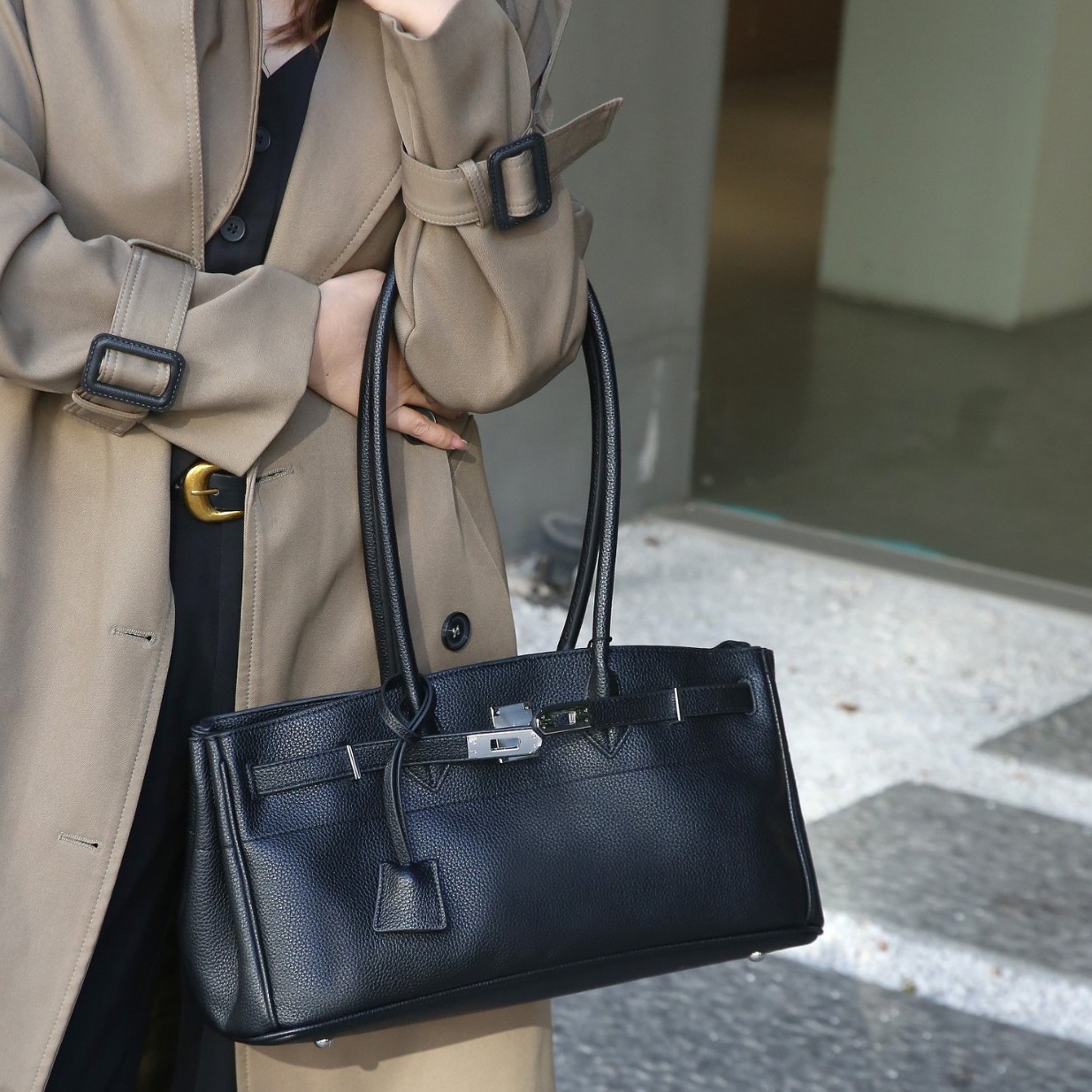 Litchi pattern long-handled Birkin bag, versatile and fashionable underarm bag, niche commuting shoulder bag