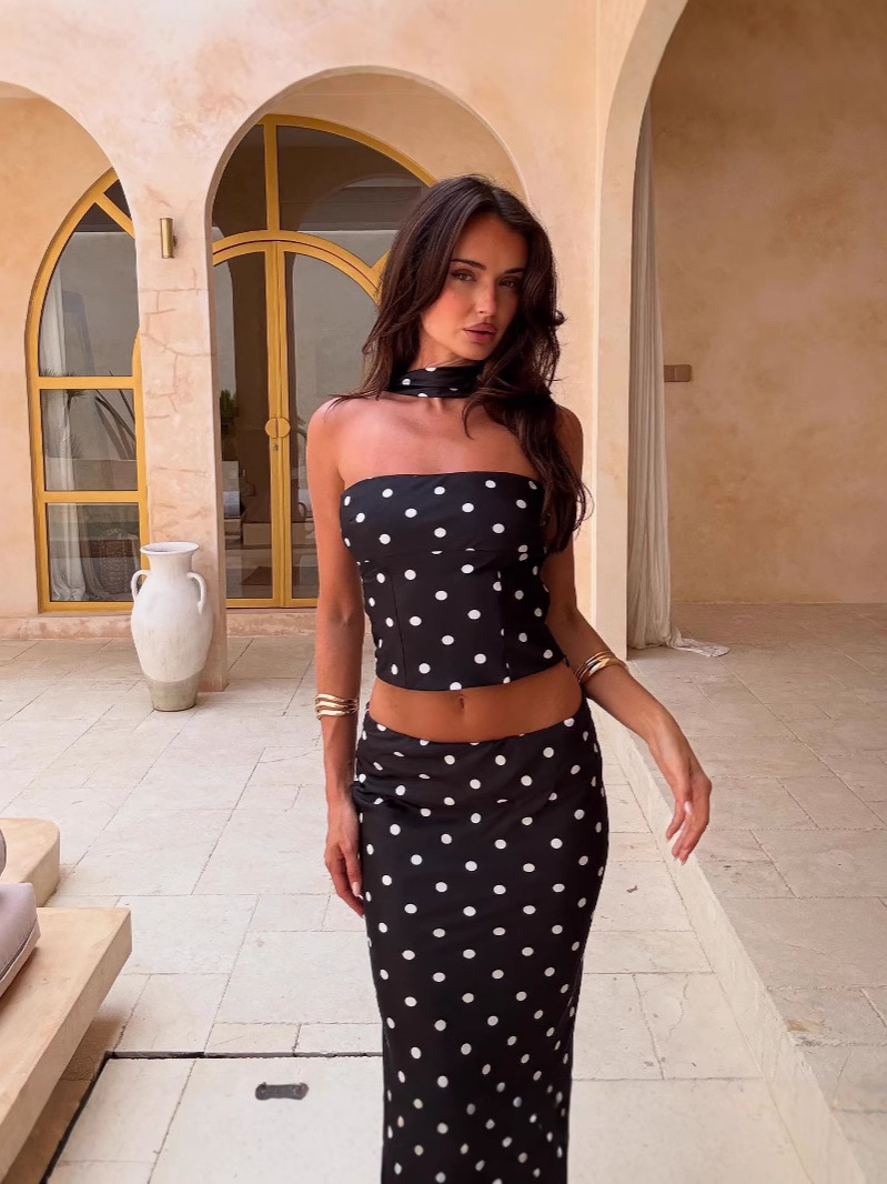 2025 Summer New European and American Style Dotted Print Crop Top Camisole and Skirt Two-Piece Set