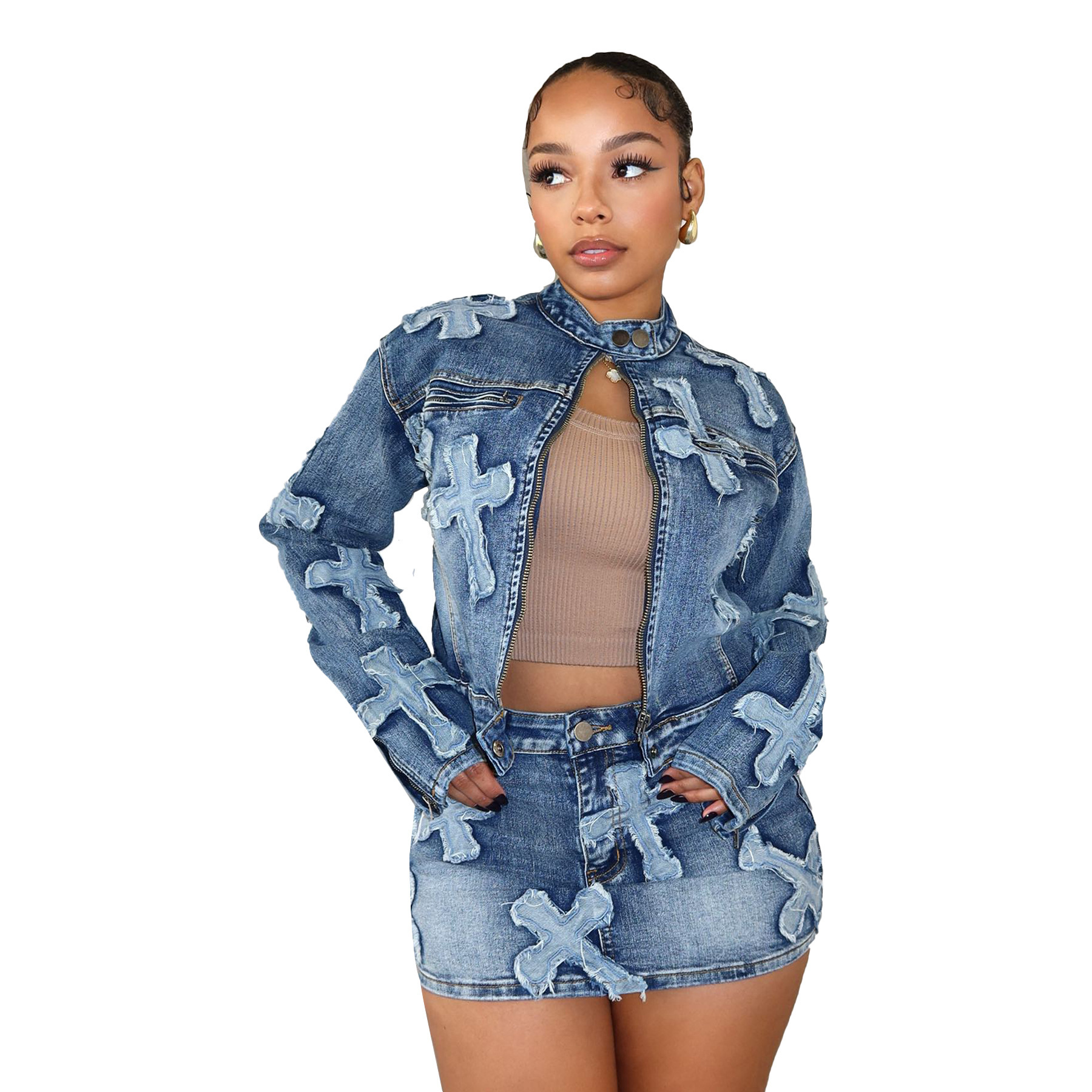 Spring new denim skirt set S8505 in stock, popular for cross-border sales in Europe and America, featuring an embroidered denim short skirt and jacket set