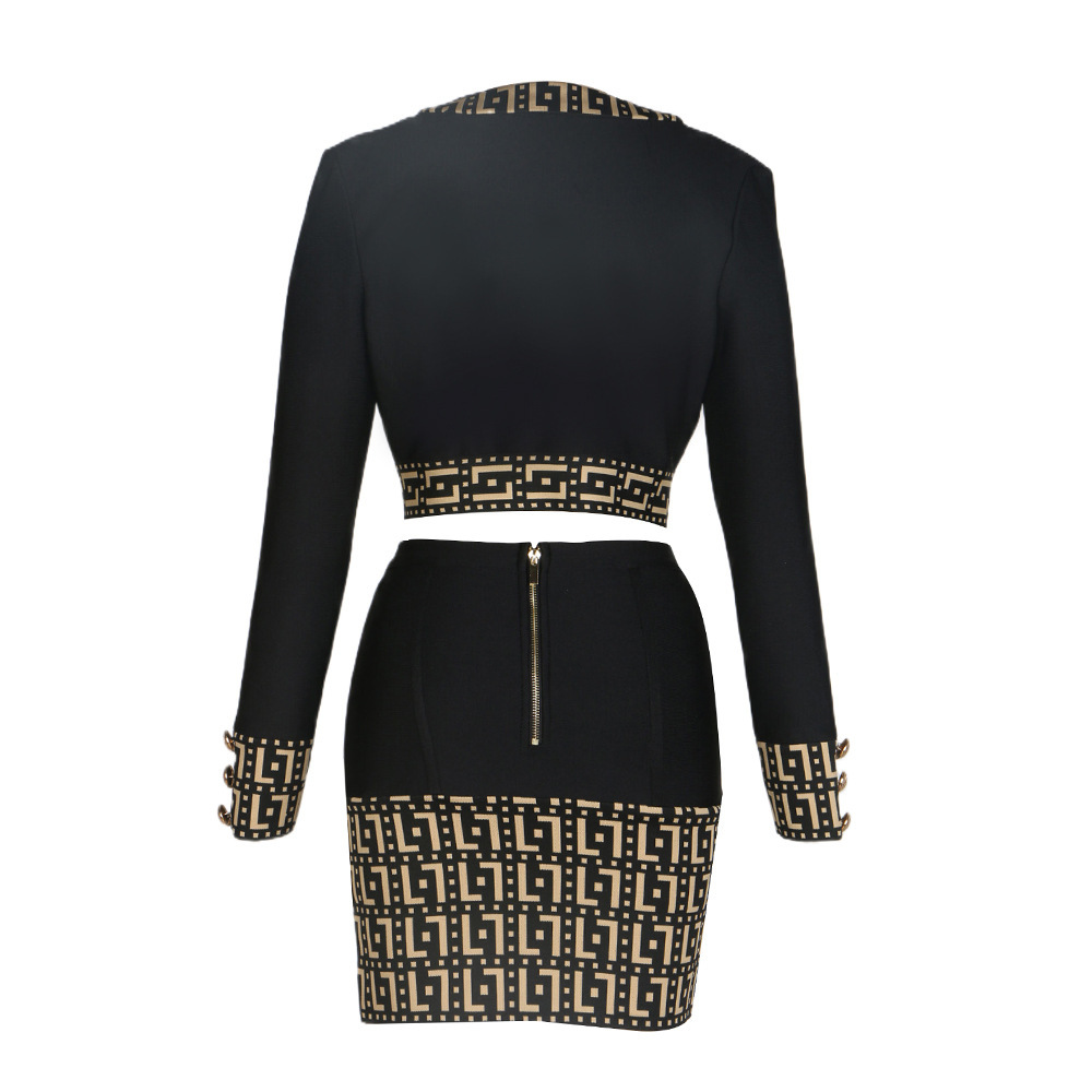 AliExpress best-selling fashion jacquard metal button short cardigan and hot mini skirt set for business wear