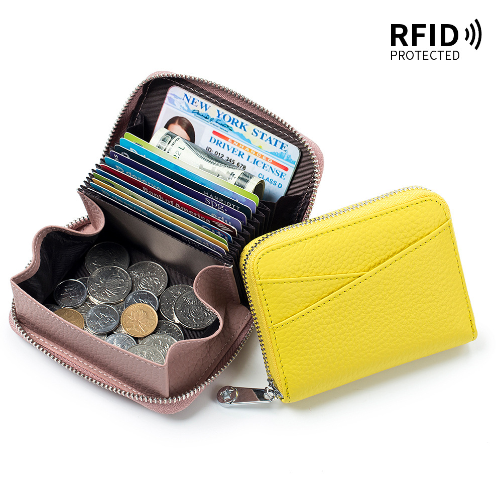 Genuine leather accordion-style multi-card wallet with RFID, zipper coin purse, card holder for men and women, large capacity