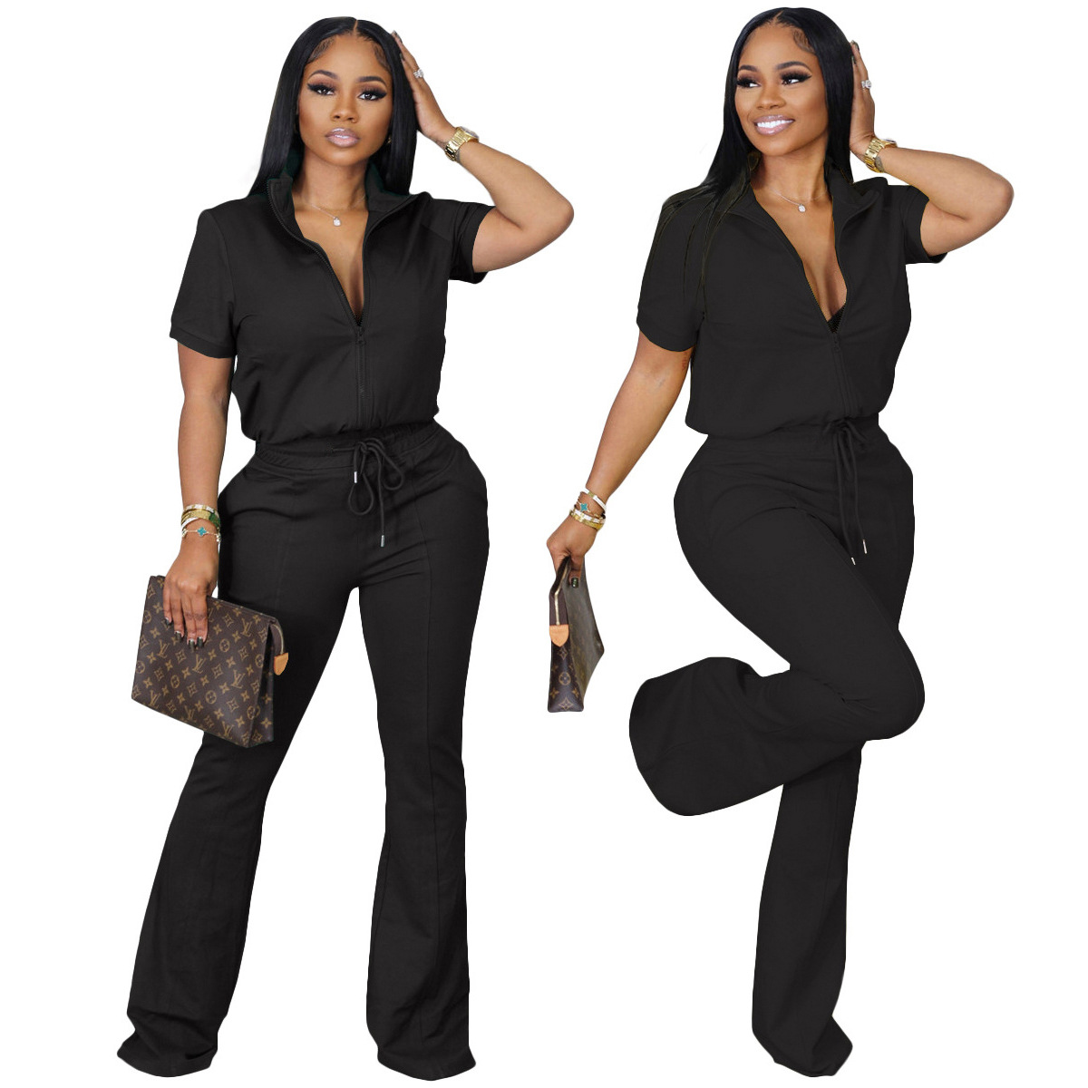 European and American women's clothing cross-border Amazon eBay spring and summer short-sleeved zipper top and flared pants set S-4XL two-piece set