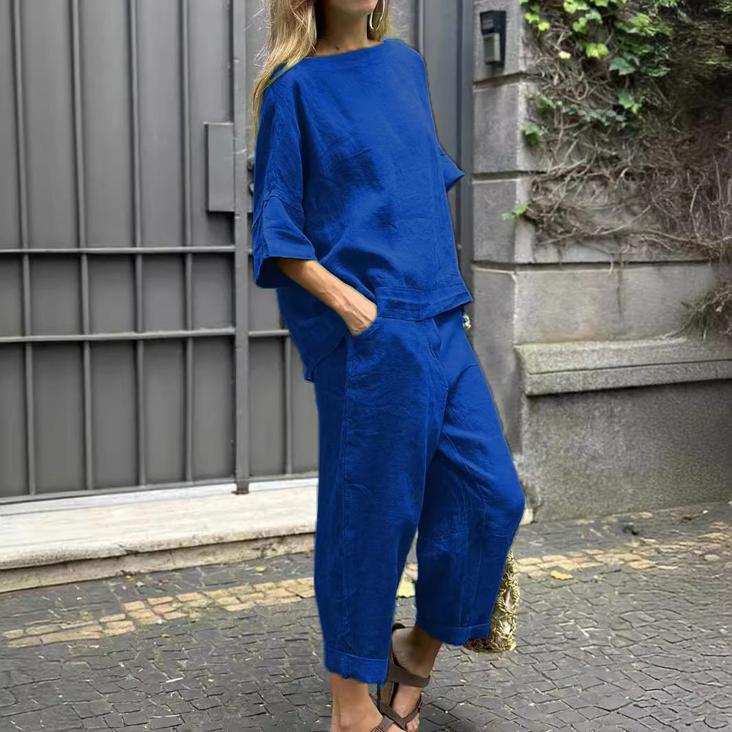 Amazon cross-border spring and autumn plus size loose linen cotton shirt high waist long pants fashion sportswear set foreign trade wholesale