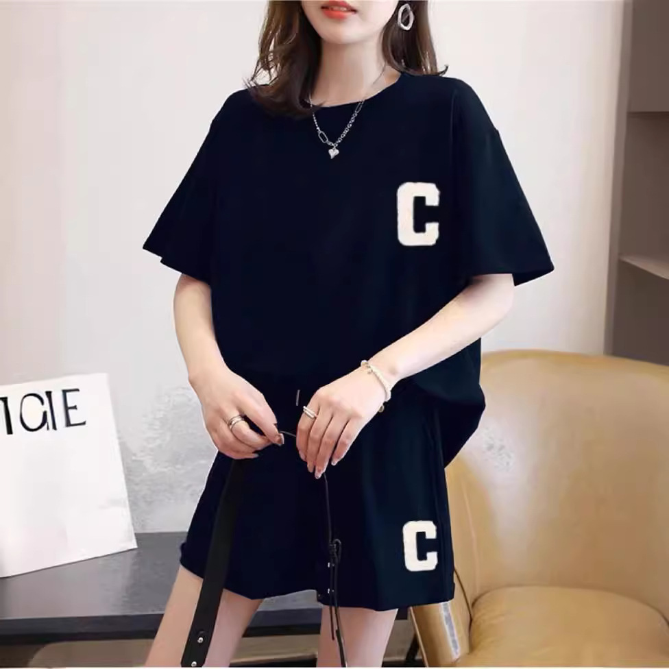 2023 Summer New C Letter Set Women's Casual Sporty Fashion Short Sleeve Shorts Two-Piece Southeast Asia Wholesale