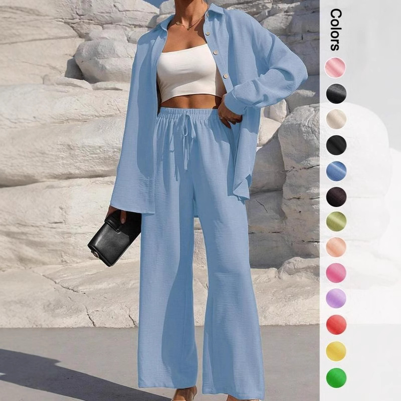 Cross-border foreign trade women's wear Amazon TK solid color long cardigan and pants, fashionable and elegant new women's shirt set