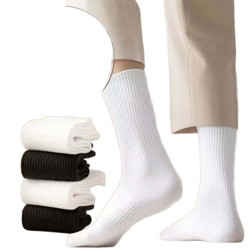 Pure cotton men's four-season mid-calf socks, boys' sports knee-high white socks, spring and autumn styles, men's ankle socks, cotton white long socks