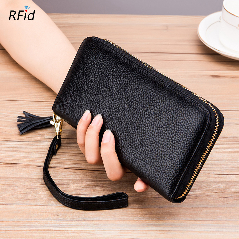 Multi-compartment wallet purses for women, ladies' tassel top-layer anti-theft zipper, European and American genuine leather RFID wallet