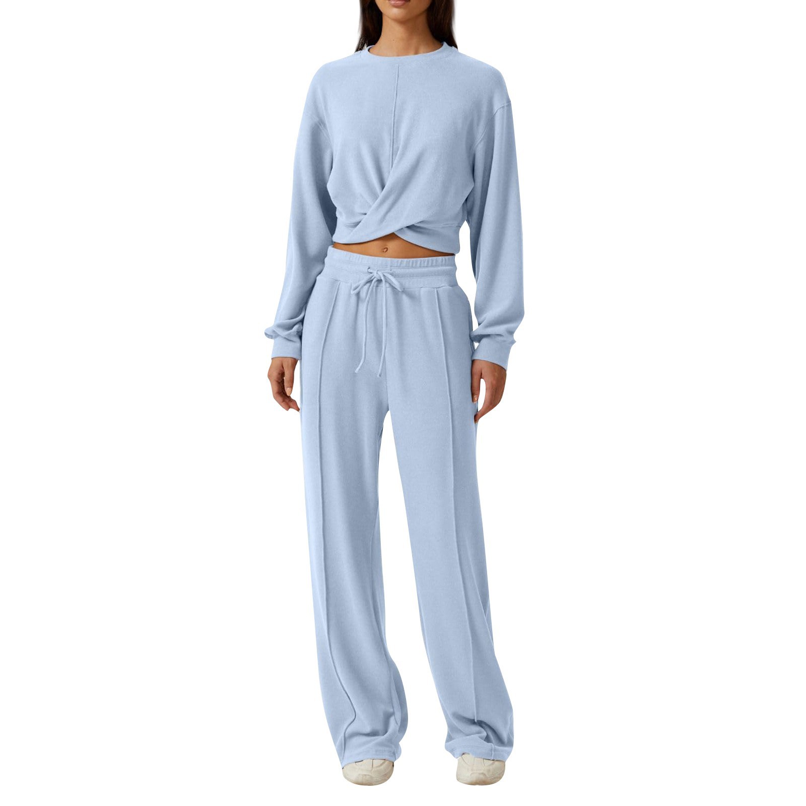 European and American style women's round neck long sleeve top with elastic waist and drawstring design, solid color wide-leg pants set