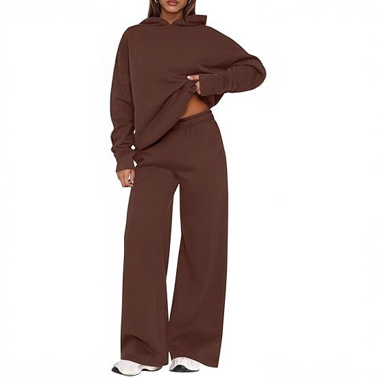 Two-piece women's sport set, including a solid color, long-sleeved, hooded sweatshirt with fleece lining and loose, wide-leg sports pants, suitable for autumn and winter