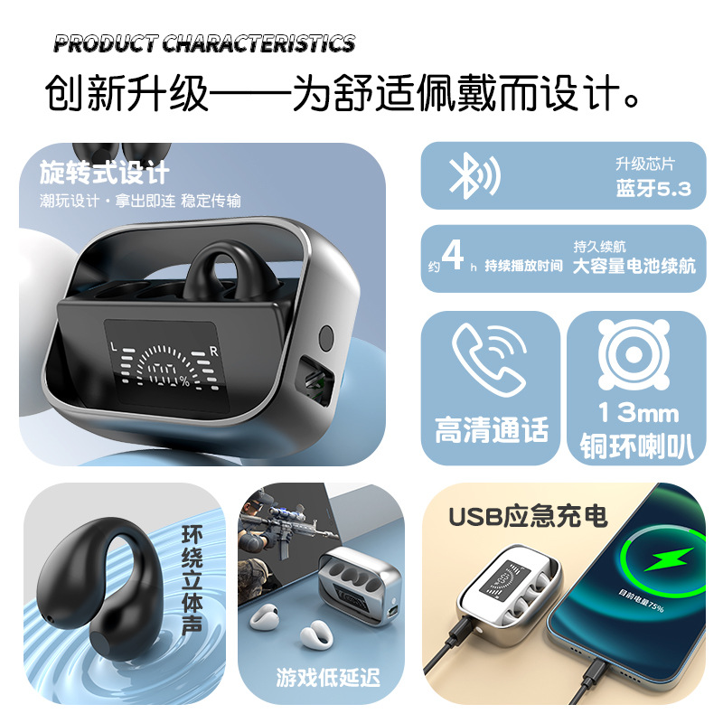 旋转软胶耳夹式真无线铜环HIFI高品质不入耳运动OWS蓝牙耳机 5.3