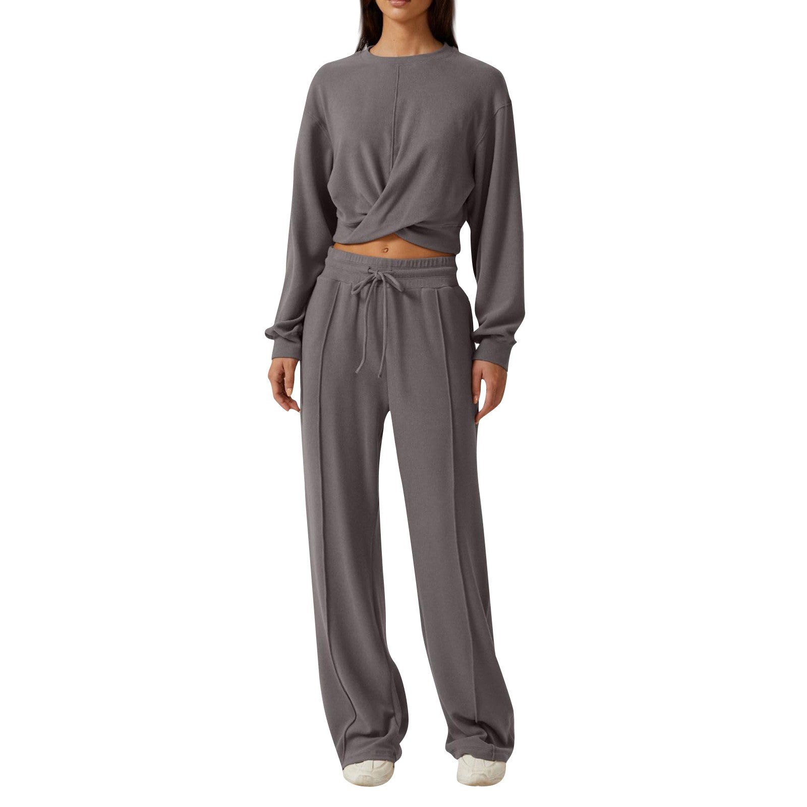 European and American style women's round neck long sleeve top with elastic waist and drawstring design, solid color wide-leg pants set