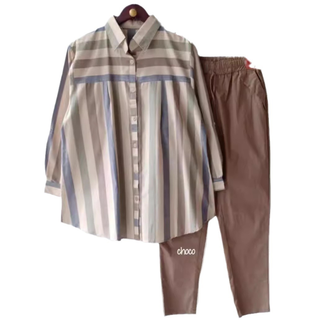 Southeast Asia cross-border 2024 summer new fashion elegant loose slim fit printed stripe two-piece set for women