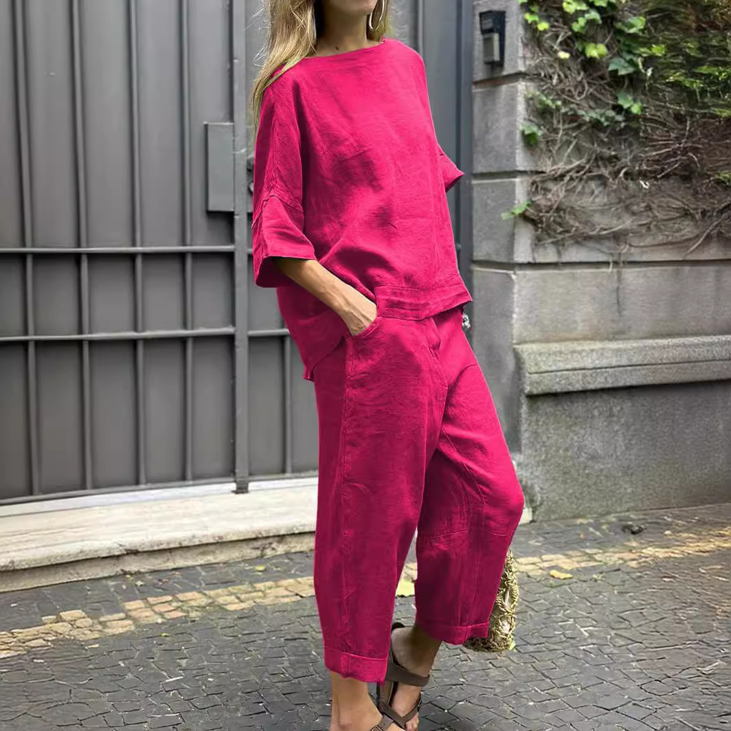 Amazon cross-border spring and autumn plus size loose linen cotton shirt high waist long pants fashion sportswear set foreign trade wholesale