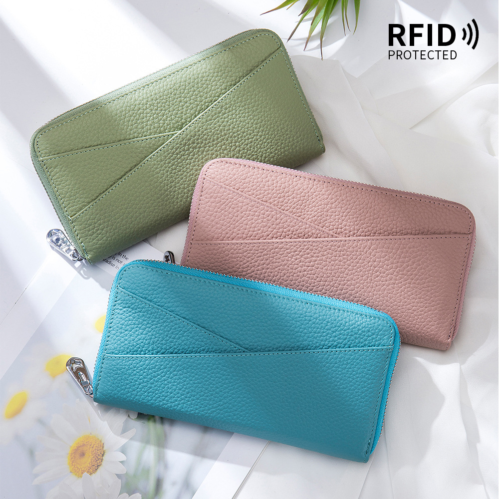Genuine leather long wallet for women, large capacity, RFID first-layer cowhide accordion card holder, stylish clutch and phone bag
