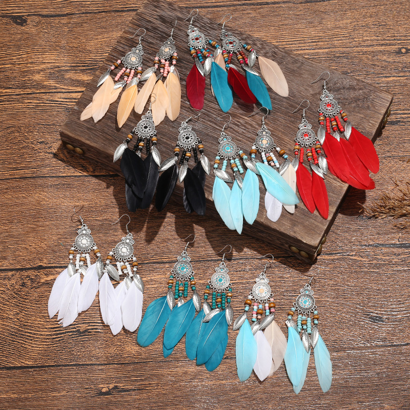 Bohemian style feather earrings, ethnic cross-border bestseller, Yunnan tourism vintage tassel earrings wholesale and drop shipping