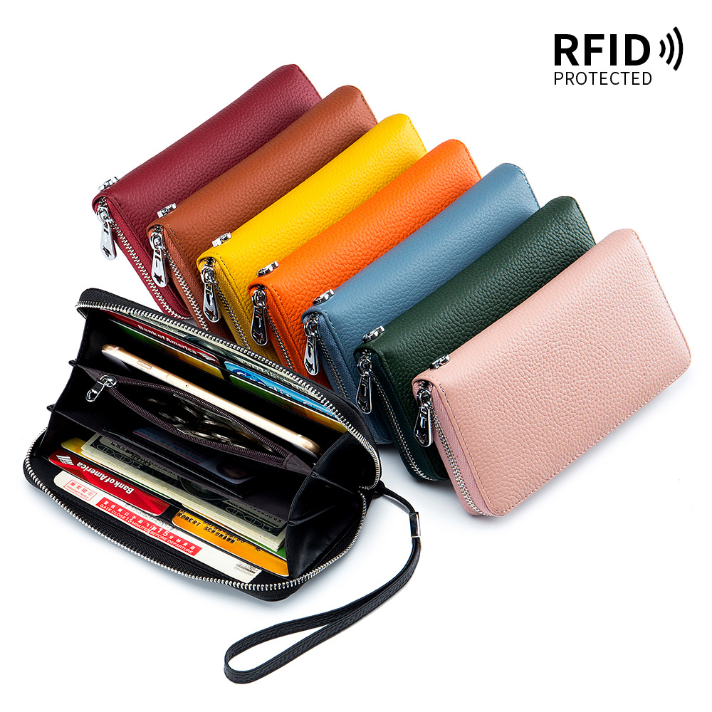 Women's long leather wallet RFID, top-grain cowhide clutch, soft leather, simple wallet, phone bag wholesale