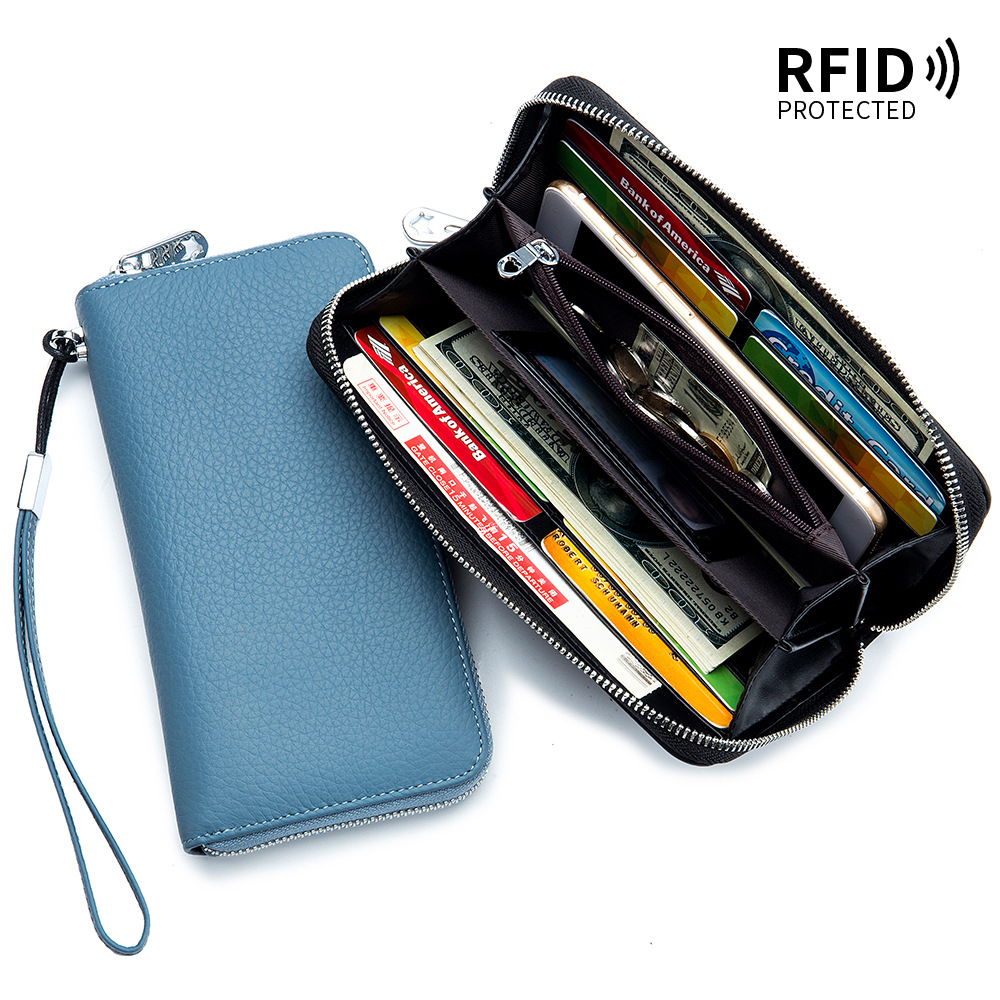 Women's long leather wallet RFID, top-grain cowhide clutch, soft leather, simple wallet, phone bag wholesale
