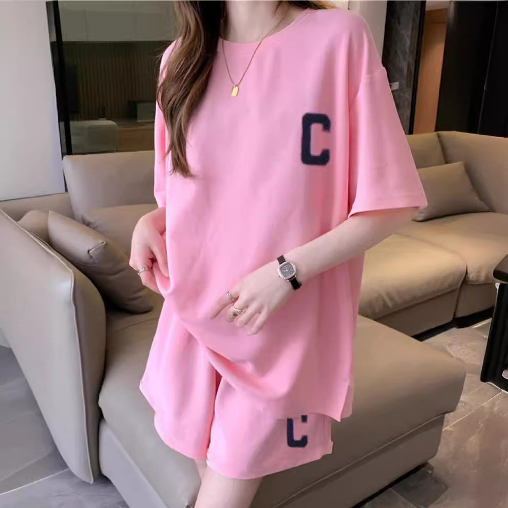 2023 Summer New C Letter Set Women's Casual Sporty Fashion Short Sleeve Shorts Two-Piece Southeast Asia Wholesale
