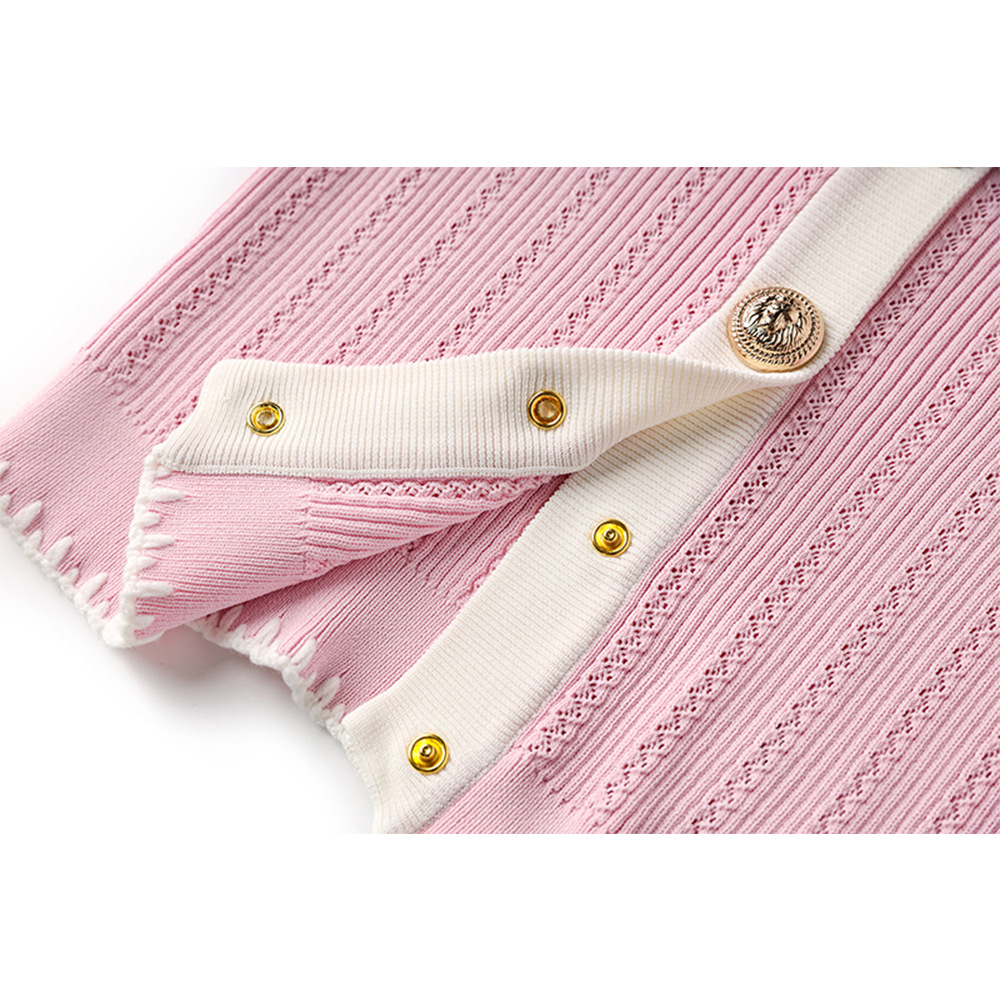 ~In Stock~ Pink and White Contrast Long Sleeve Stud Button Blouse with Waist-Cinching Pencil Skirt, Elegant Socialite Two-Piece Set