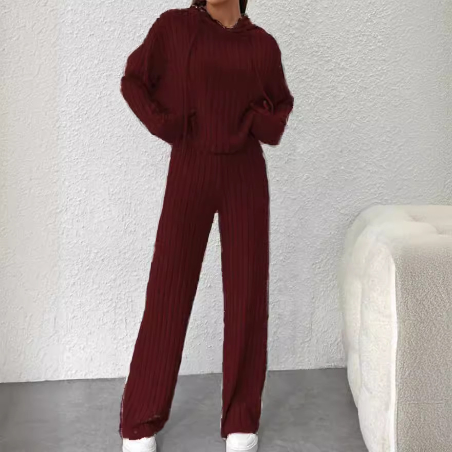 2025 New Foreign Trade Style Hooded Loose Knitted Striped Set Long Sleeve Casual European and American Women's Wholesale Clothing
