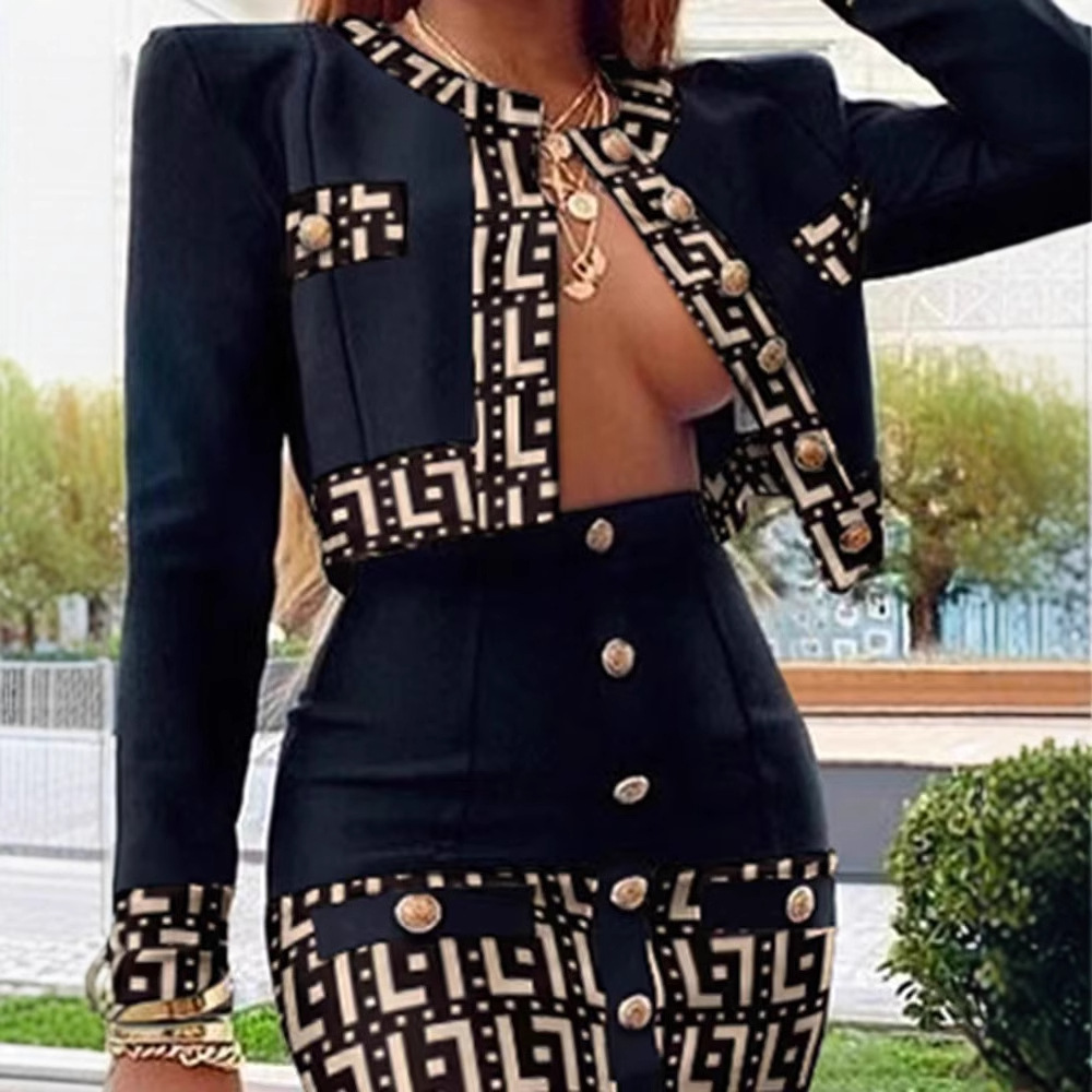 AliExpress best-selling fashion jacquard metal button short cardigan and hot mini skirt set for business wear