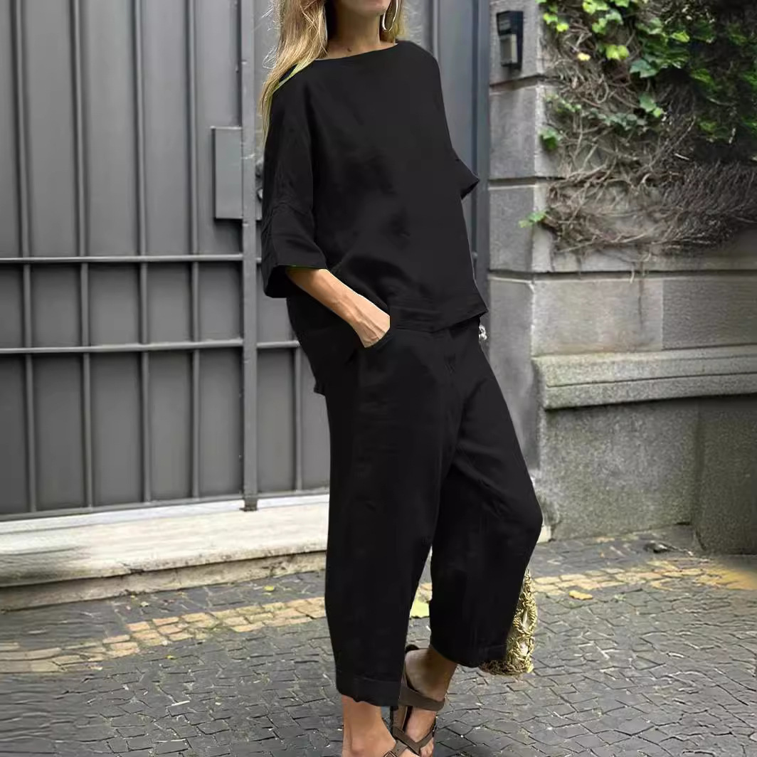 Amazon cross-border spring and autumn plus size loose linen cotton shirt high waist long pants fashion sportswear set foreign trade wholesale