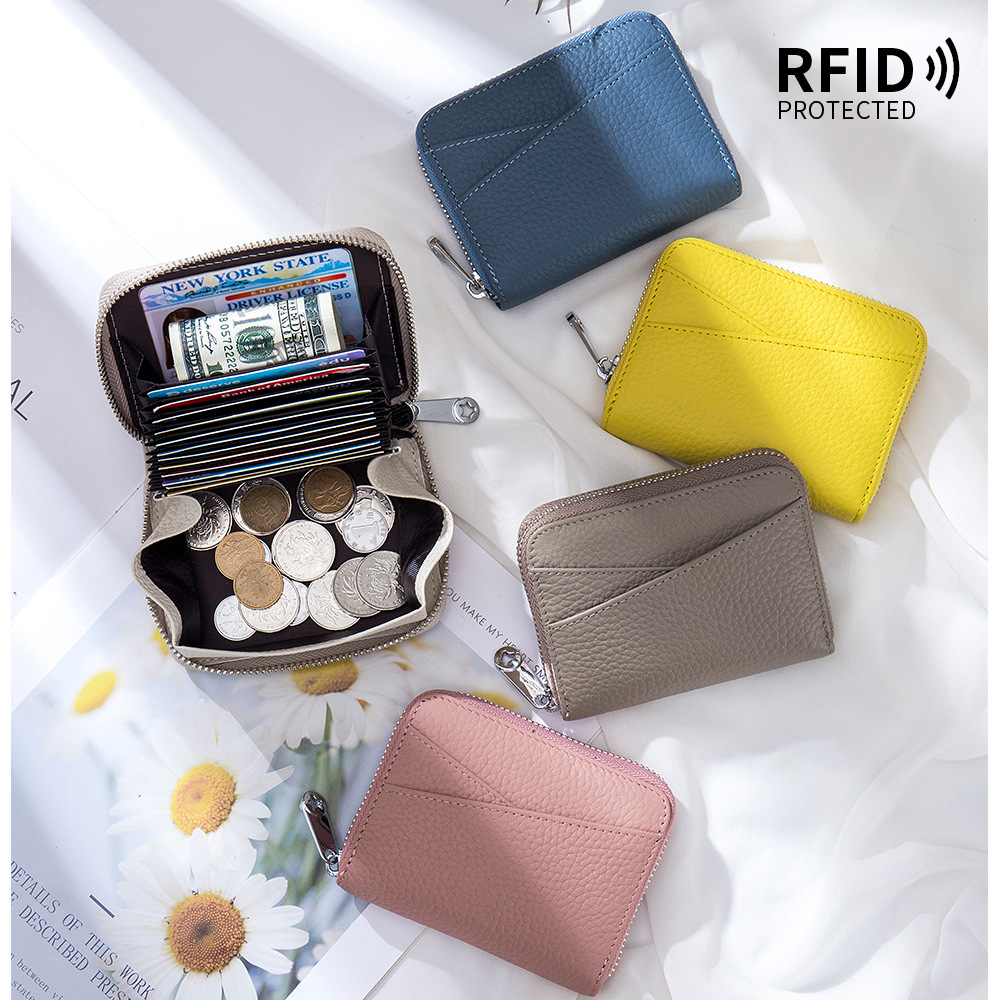 Genuine leather accordion-style multi-card wallet with RFID, zipper coin purse, card holder for men and women, large capacity