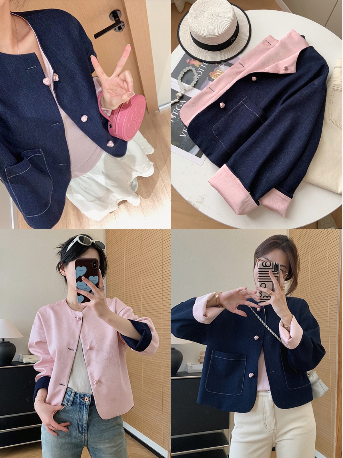 Wear both sides in spring! Women's autumn loose short denim jacket with denim satin jacquard and traditional Chinese buttons
