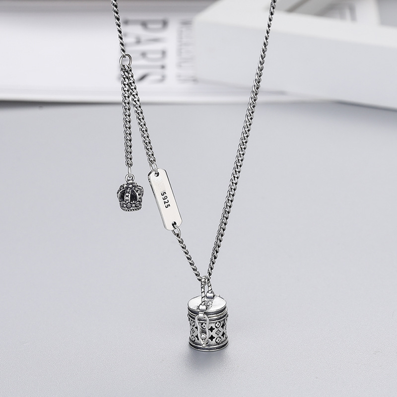 Yin Baida s925 pure silver vintage distressed old flower bucket bag necklace, stylish design with hollow crown, sweater chain