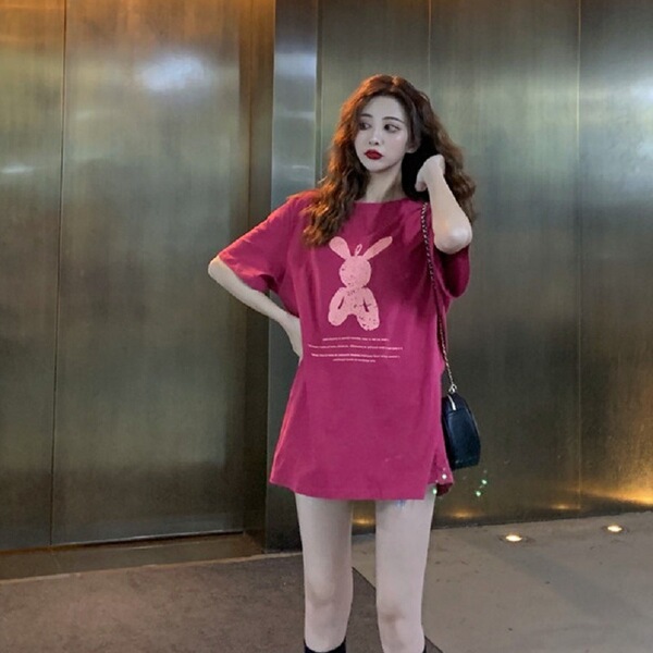 夏季中长款宽松闺蜜装打底衫女卡通ins圆领大码短袖T恤女上衣女装